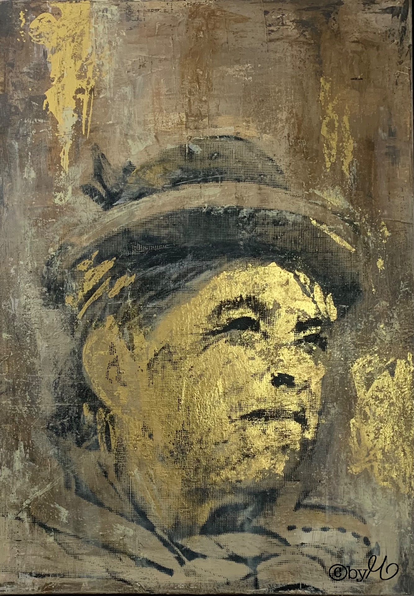 "Behind The Face", 2023, Screenprint, Gold Leaf and Acrylic on Canvas, 100x70 cm